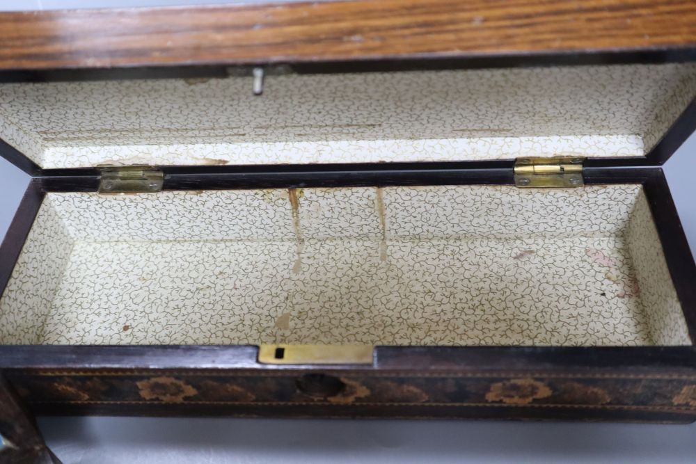 A Tunbridge Ware games box, with cribbage top, two cribbage boards and a playing card box